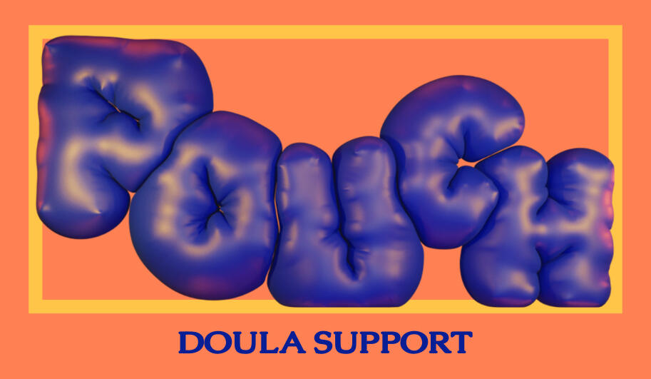 The pouch logo. The word "Pouch" is large, in blue inflated lattering. Beneath are the words "Doula Support" in all caps dark blue. The background is peach and the logo has a peach drop shadow.