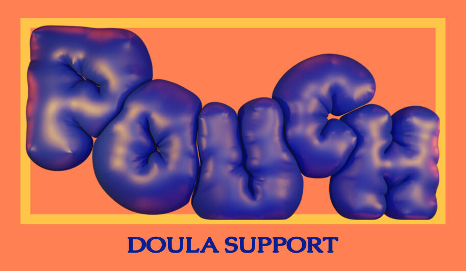 Pouch Doula Support The pouch logo. The word "Pouch" is large, in blue inflated lattering. Beneath are the words "Doula Support" in all caps dark blue. The background is peach and the logo has a peach drop shadow.